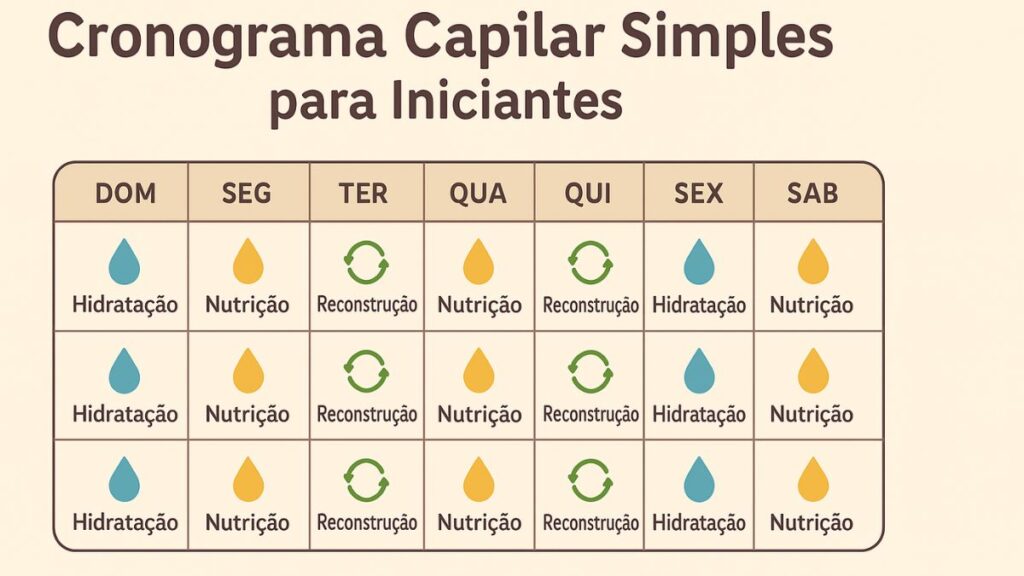 Infográfico com cronograma capilar de 4 semanas mostrando hidratação e nutrição