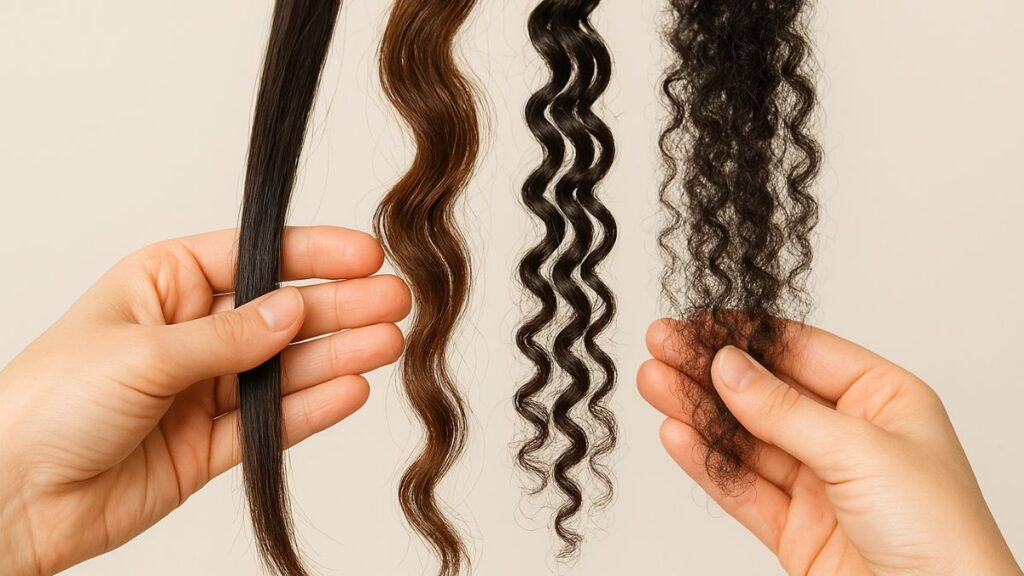 Mãos mostrando diferentes curvaturas de cabelo para identificar tipo de fio.