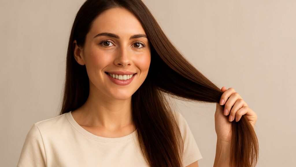 Mulher sorrindo com cabelo longo, liso e saudável, segurando os fios para mostrar brilho e vitalidade.