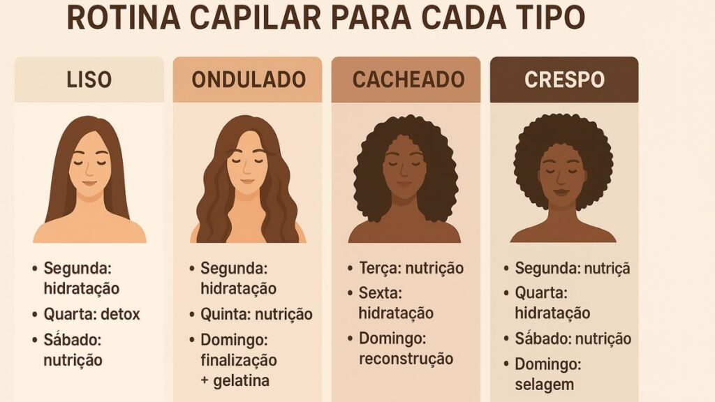 Infográfico de rotinas capilares personalizadas para cabelos lisos, ondulados, cacheados e crespos.